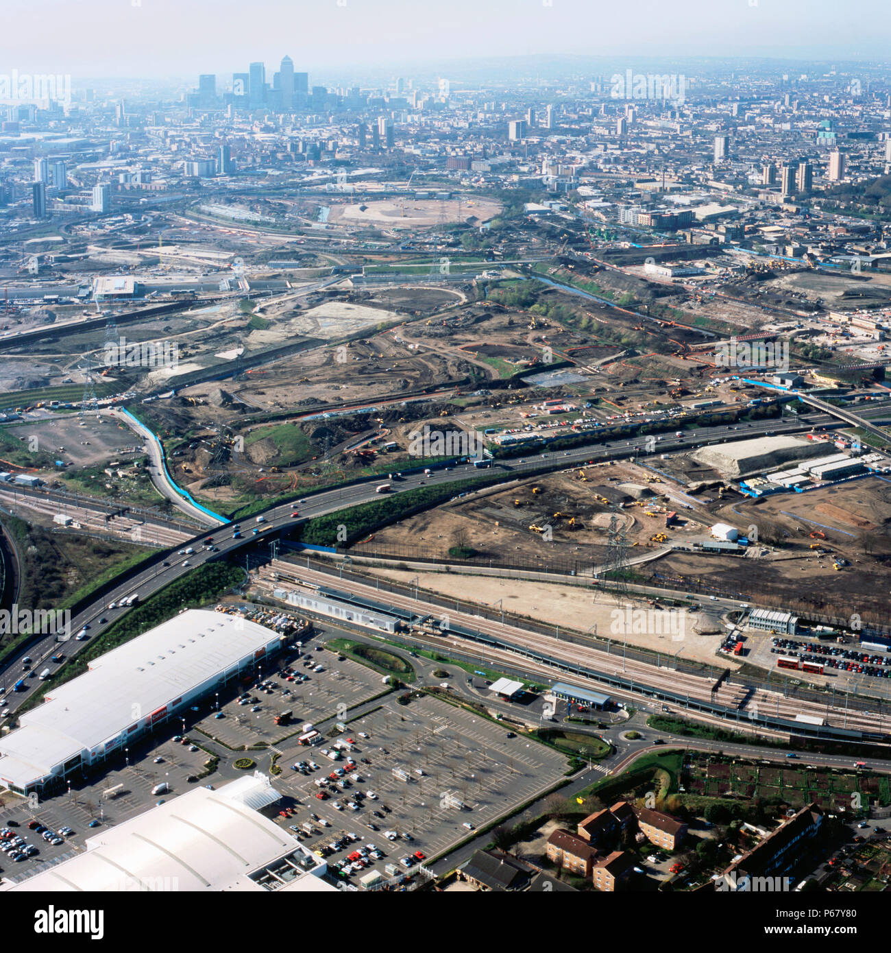Aerial view from north over Stratford Olympic site works to City of London, UK Stock Photo