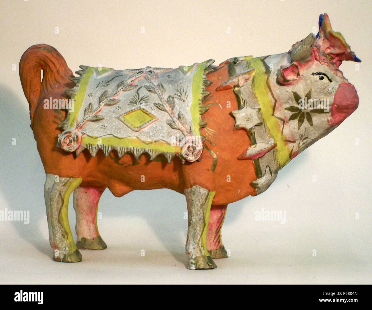 Mexican bull, painted ceramic by potter Modesta Fernandez of Metepec, west of Mexico City. Stock Photo