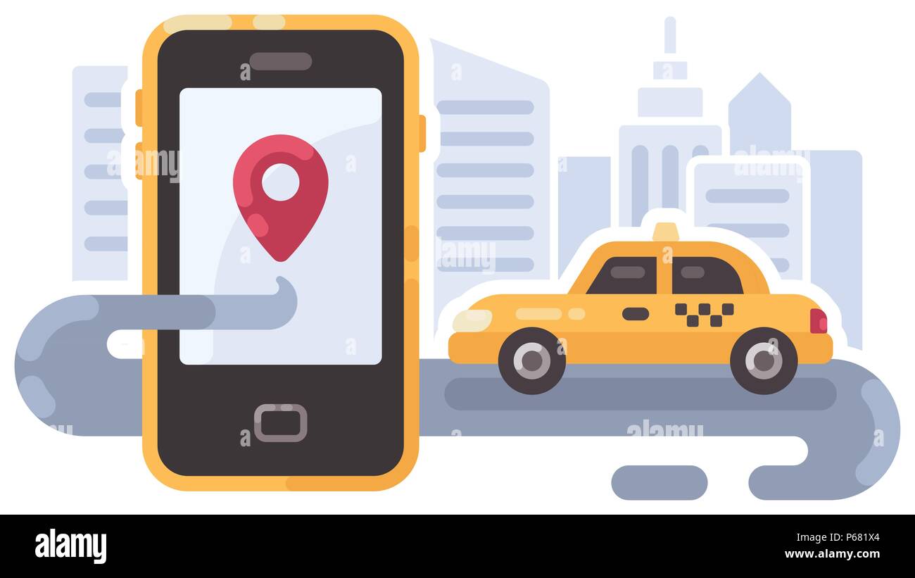 Yellow taxi car on the road with smartphone. Mobile taxi service flat illustration banner Stock Vector
