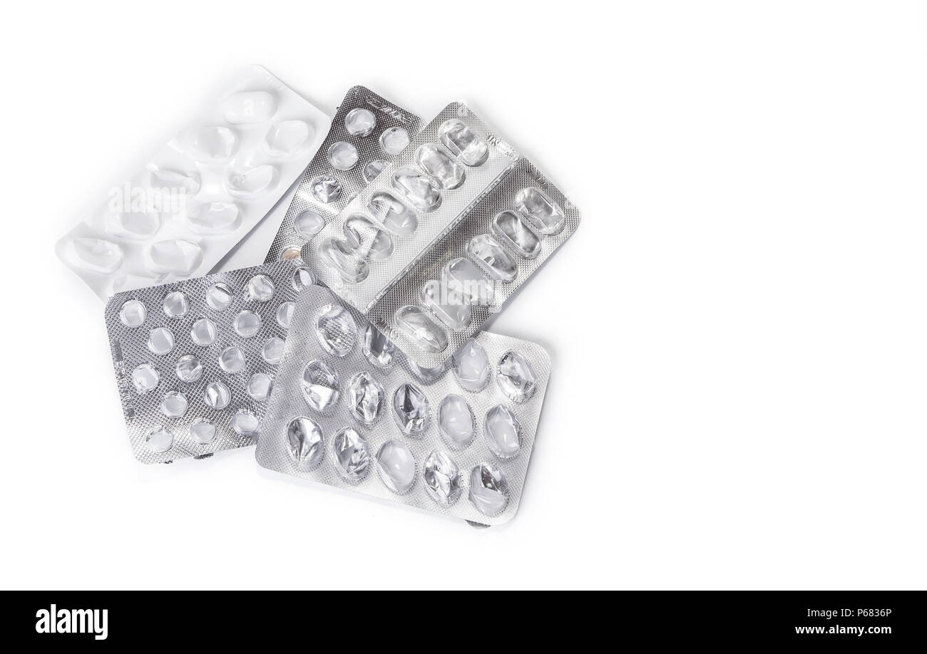 Empty pack of pill blister on the white. Bad health concept Stock Photo