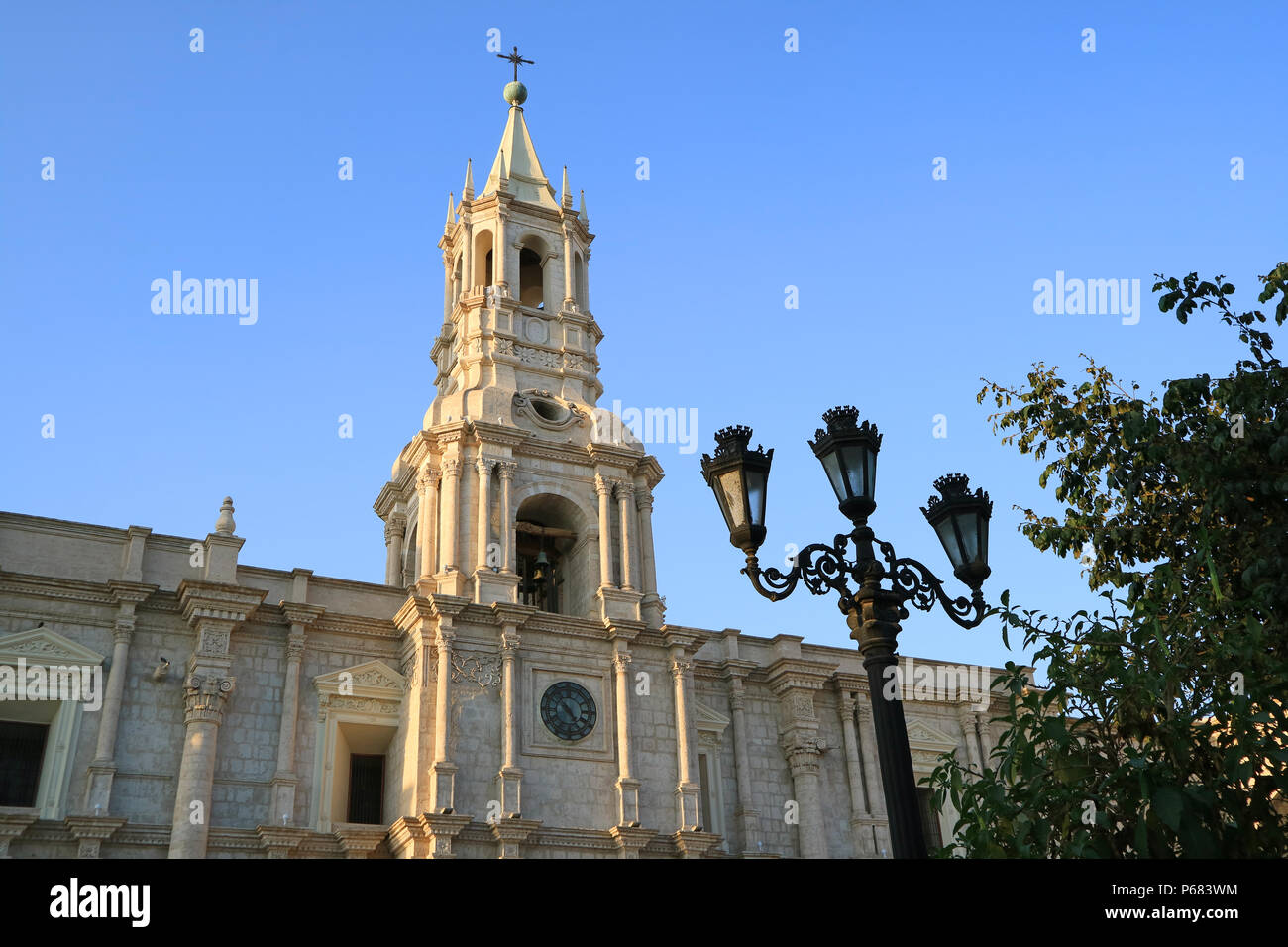 Basilica Cathedral of Arequipa against evening blue sky of Arequipa, Peru Stock Photo