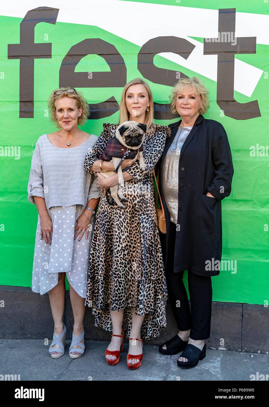 Edinburgh, Scotland, UK. 28th June, 2018. Cast and crew attend a special screening of Patrick at the Edinburgh International Film Festival.  Directed by Maddie Fletcher it stars Beattie Edmondson  Pictured: Vanessa Davies (Producer) Beattie Edmondson (Sarah Francis) and Mandie Fletcher (Director) with Harley the dog Credit: Rich Dyson/Alamy Live News Stock Photo