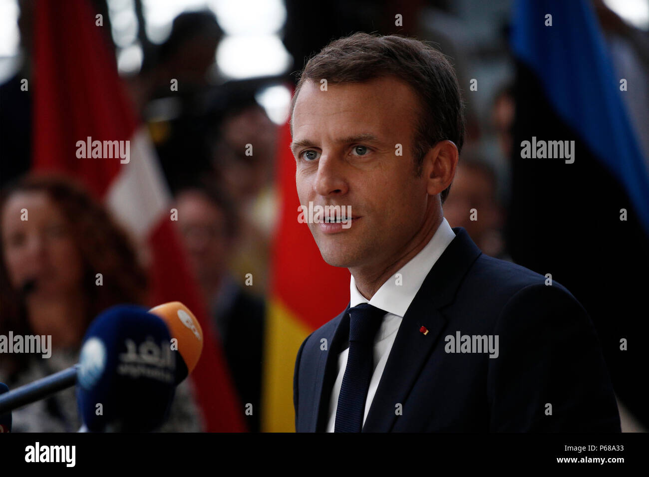 Brussels, Belgium on Jun. 28, 2018. President of France Emmanuel Macron arrives for a meeting with European Union leaders. Stock Photo