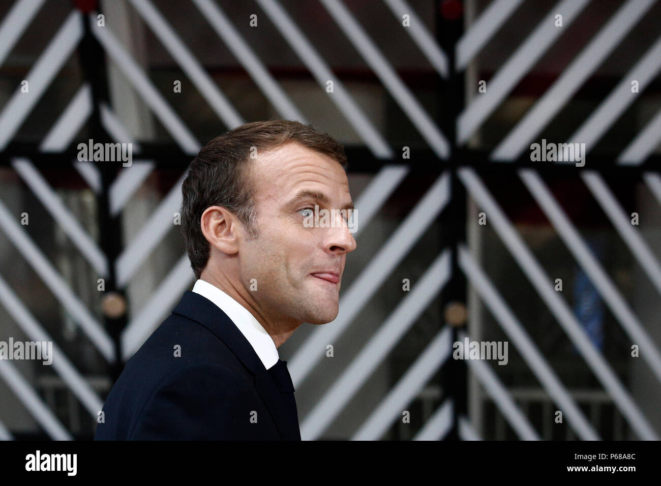Brussels, Belgium on Jun. 28, 2018. President of France Emmanuel Macron arrives for a meeting with European Union leaders. Stock Photo