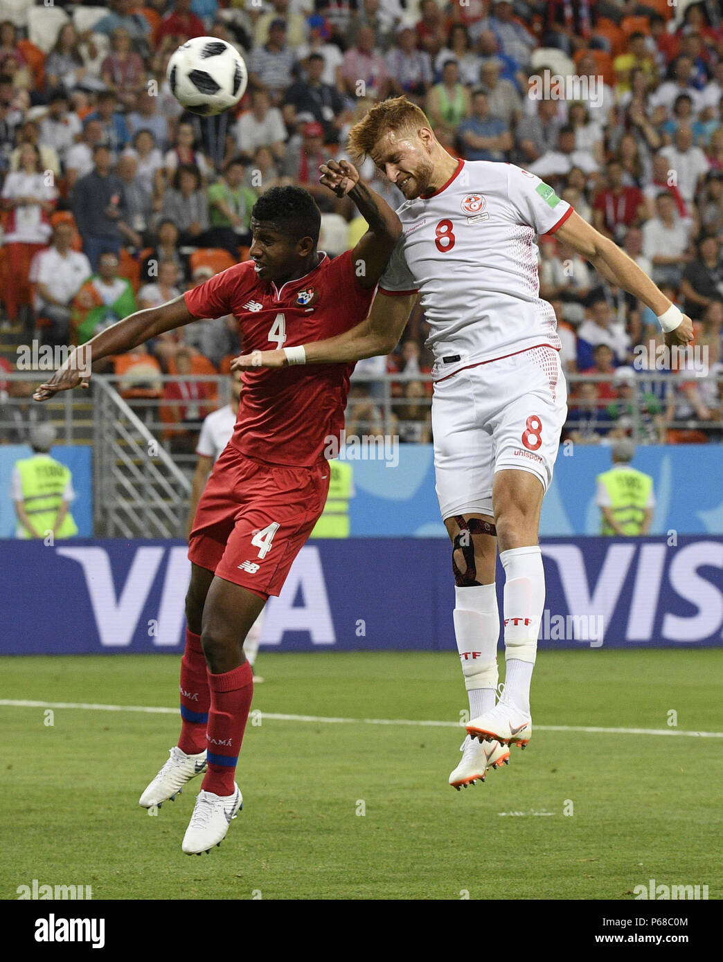 Saransk, Russia. 28th June, 2018. Fidel Escobar (L) of Panama vies with Fakhreddine Ben Youssef of Tunisia during the 2018 FIFA World Cup Group G match between Panama and Tunisia in Saransk, Russia, June 28, 2018. Credit: Lui Siu Wai/Xinhua/Alamy Live News Stock Photo
