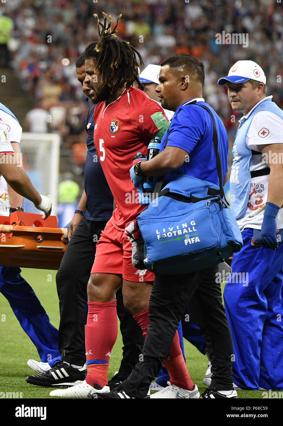 Saransk, Russia. 28th June, 2018. Roman Torres of Panama leaves the pitch after his injury during the 2018 FIFA World Cup Group G match between Panama and Tunisia in Saransk, Russia, June 28, 2018. Credit: He Canling/Xinhua/Alamy Live News Stock Photo