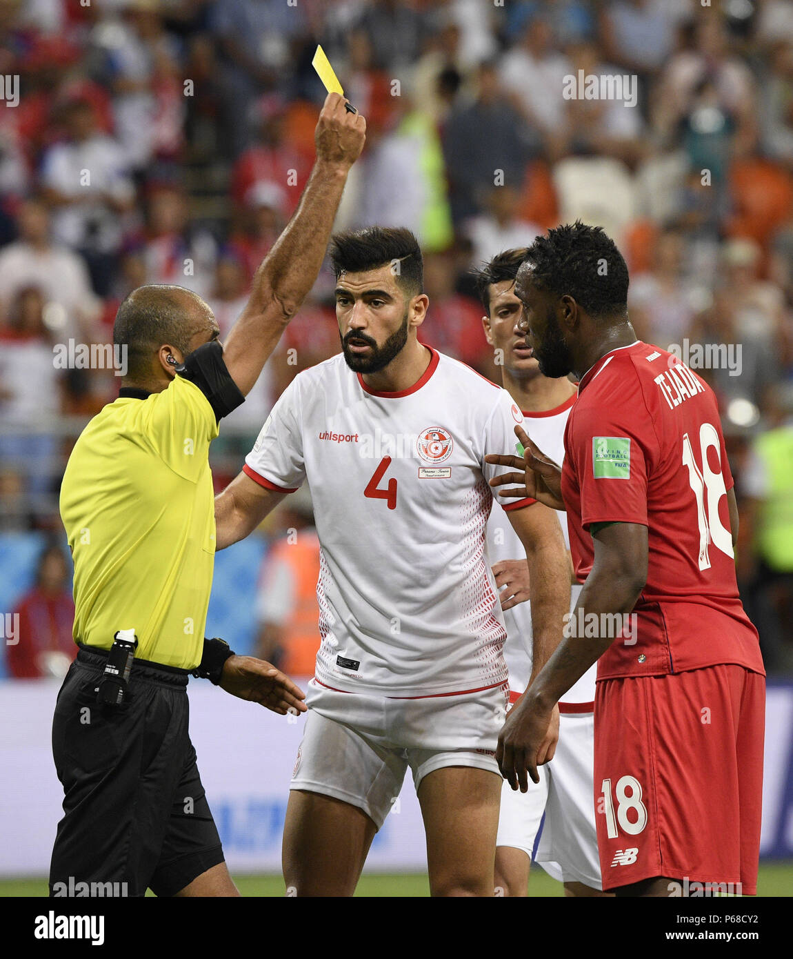 Saransk, Russia. 28th June, 2018. Yassine Meriah (2nd L) of Tunisia reacts during the 2018 FIFA World Cup Group G match between Panama and Tunisia in Saransk, Russia, June 28, 2018. Tunisia won 2-1. Credit: Lui Siu Wai/Xinhua/Alamy Live News Stock Photo