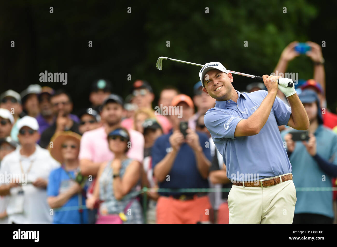 Potomac MD, USA. 28th June, 2018. Bill Haas (USA) tees off at the par three third hole during the opening round at the 2018 Quicken Loans National at the Tournament Players Club in Potomac MD. Credit: Cal Sport Media/Alamy Live News Stock Photo