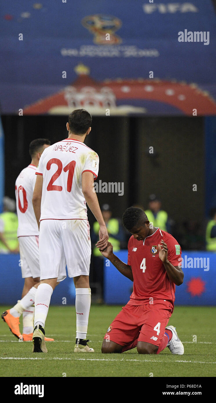 Saransk, Russia. 28th June, 2018. Fidel Escobar (R) of Panama reacts after the 2018 FIFA World Cup Group G match between Panama and Tunisia in Saransk, Russia, June 28, 2018. Tunisia won 2-1. Credit: Lui Siu Wai/Xinhua/Alamy Live News Stock Photo