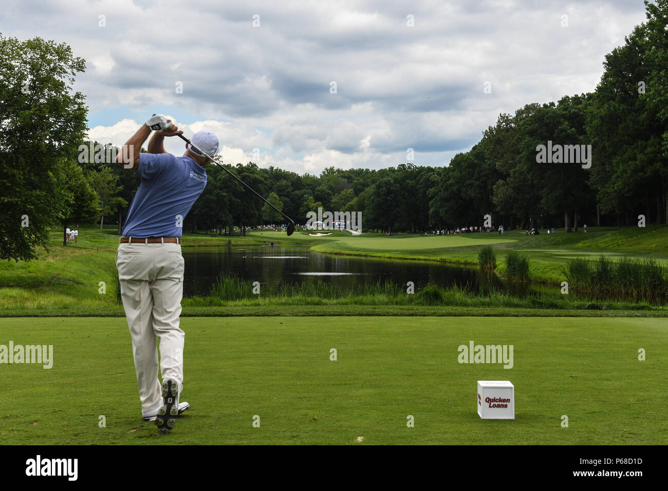 Potomac MD, USA. 28th June, 2018. Bill Haas (USA) tees off at the fourth hole during the opening round at the 2018 Quicken Loans National at the Tournament Players Club in Potomac MD. Credit: Cal Sport Media/Alamy Live News Stock Photo