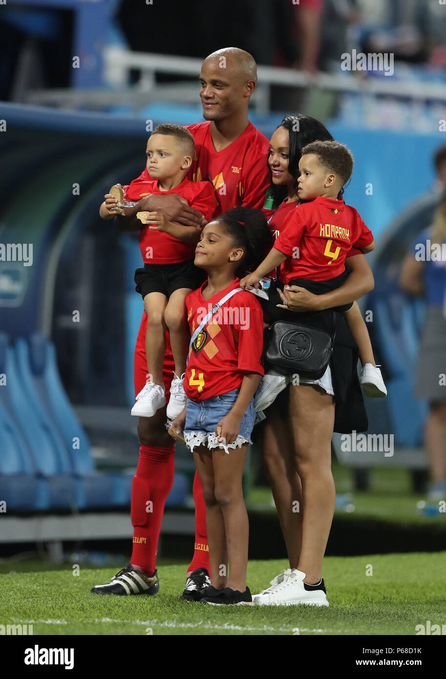Kaliningrad, Russia. 28th June, 2018. Vincent Kompany of Belgium poses for photos with his family after the 2018 FIFA World Cup Group G match between England and Belgium in Kaliningrad, Russia, June 28, 2018. Belgium won 1-0. England and Belgium advanced to the round of 16. Credit: Bai Xueqi/Xinhua/Alamy Live News Stock Photo