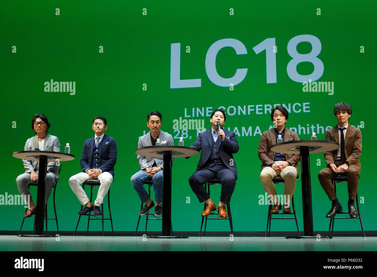 (L to R) Masaki Hamura Executive Officer and Head of Advertising Business Strategy of LINE Corp., Hisahiro Chofuku Director and COO of LINE Pay Corp., Takeshi Idezawa Representative Director and CEO of LINE Corp., Jun Masuda Director and CSMO of LINE Corp., Hideo Fuji Executive Officer and Head of 020 Business Department of LINE Corp. and Takeshi Shimamura Senior Executive Officer and Head of Media of Line Corp., speak during a Q&A during company's annual conference at Maihama Amphitheater on June 28, 2018, Chiba, Japan. LINE presented its new products and services including a new generation o Stock Photo