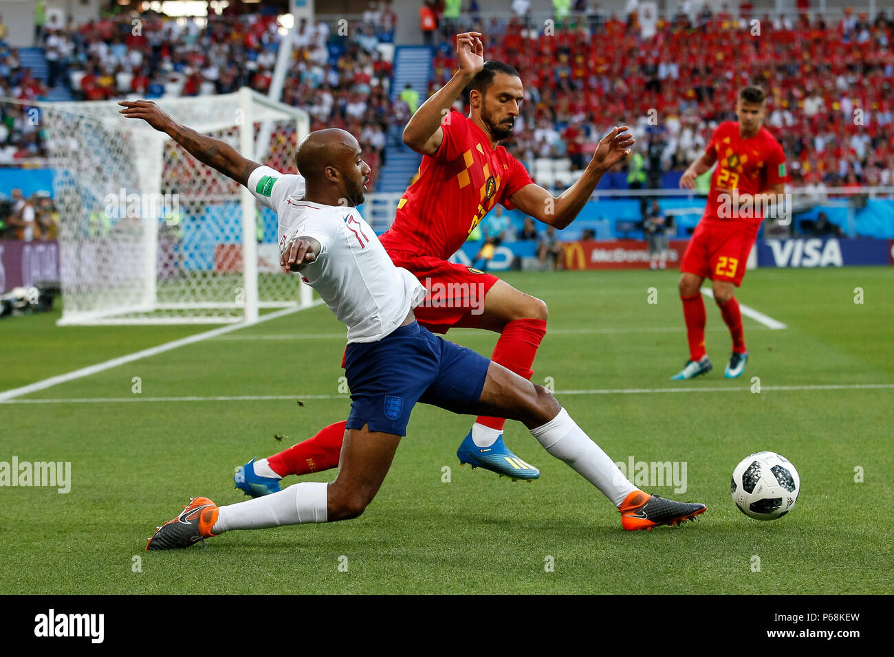 Kaliningrad, Russia. 28th June, 2018. Fabian Delph of England and Nacer Chadli of Belgium during the 2018 FIFA World Cup Group G match between England and Belgium at Kaliningrad Stadium on June 28th 2018 in Kaliningrad, Russia. (Photo by Daniel Chesterton/) Credit: PHC Images/Alamy Live News Stock Photo