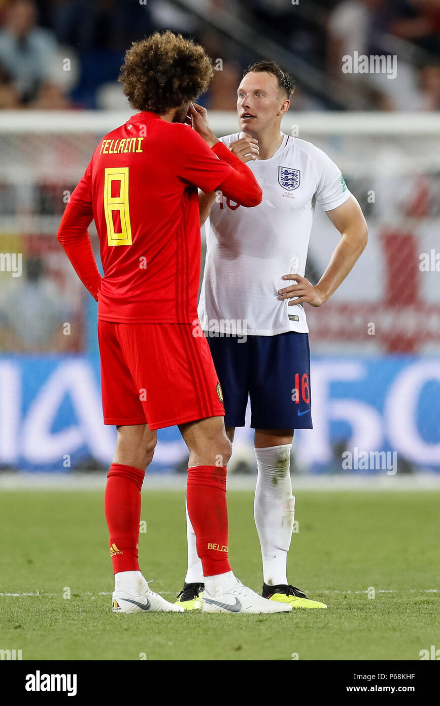 Kaliningrad, Russia. 28th June, 2018. Marouane Fellaini of Belgium and Phil Jones of England after the 2018 FIFA World Cup Group G match between England and Belgium at Kaliningrad Stadium on June 28th 2018 in Kaliningrad, Russia. (Photo by Daniel Chesterton/) Credit: PHC Images/Alamy Live News Stock Photo