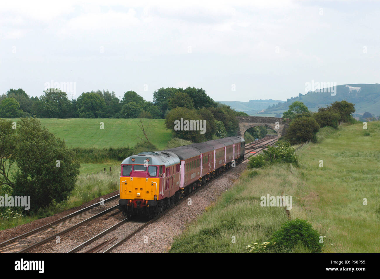 The provision of loco-hauled trainsets operated with a working locomotive at each end [ known as Top 'n tail working ] has been adopted by Wessex Trai Stock Photo