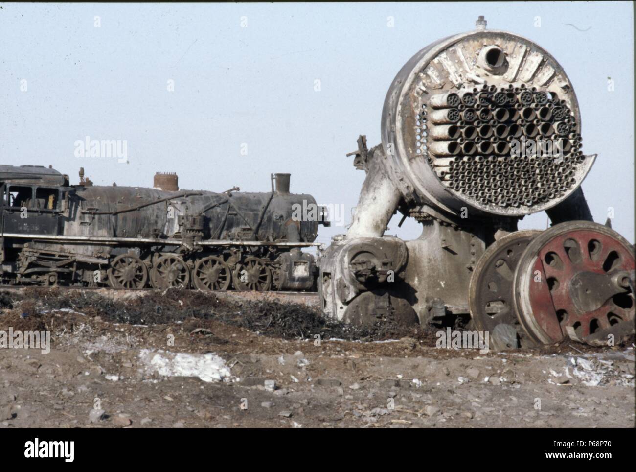 The remains of an American inspired JF Class Mikado 2-8-2 at Manzhouli on China's Russian border in Inner Mongolia another locomotive of the same type Stock Photo