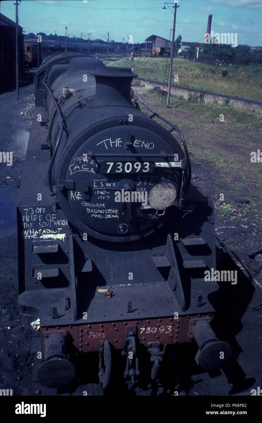 The sentiments of regret at the end of the steam age were all pervading as evidenced by the artwork on British Railway Standard 5 Class 4-6-0 No.73093 Stock Photo