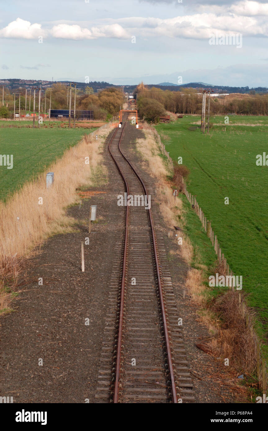 The Stirling to Alloa disused branch line in Scotland. View from road bridge looking to Alloa