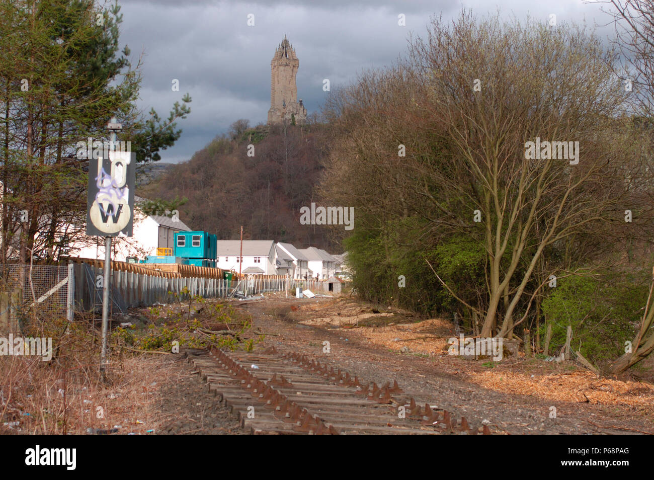 The Stirling to Alloa disused branch line in Scotland. View of trackbed looking to Alloa. April