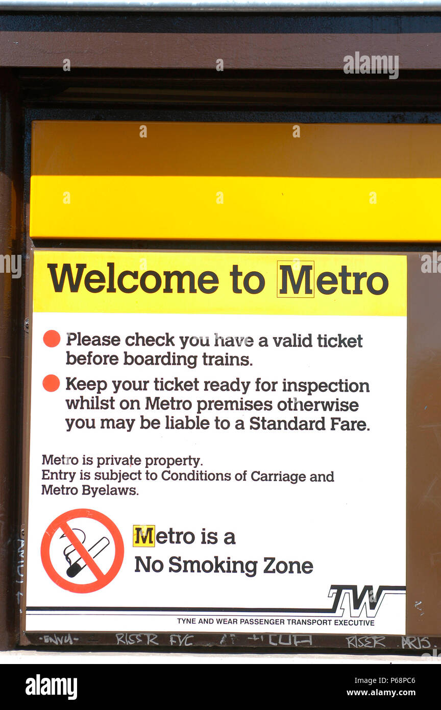 The Tyne & Wear Metro tramway is a separate entity with its own logo and nomenclature as shown on this sign which is displayed throughout the system.  Stock Photo