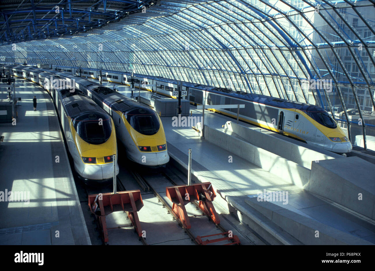 Three Eurostar trains at London's Waterloo International Station. 1996 Stock Photo