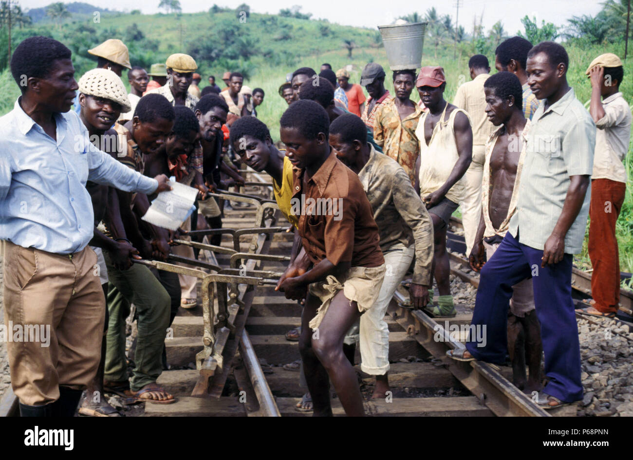 Track volunteers undertaking re habitation work on Ghana Railways one mile south of Tarkwa station on Saturday 8 June 1985. Stock Photo