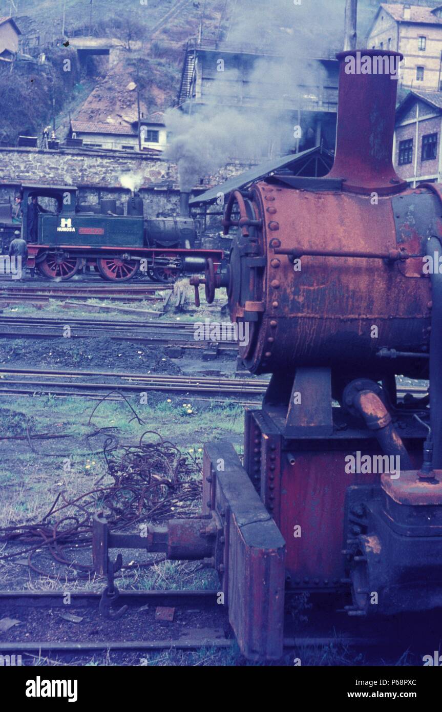 Two Spanish Railways 141F's mixed traffic 2-8-2 in the roundhouse at Castejon on Tuesday 25th August 1970. Stock Photo