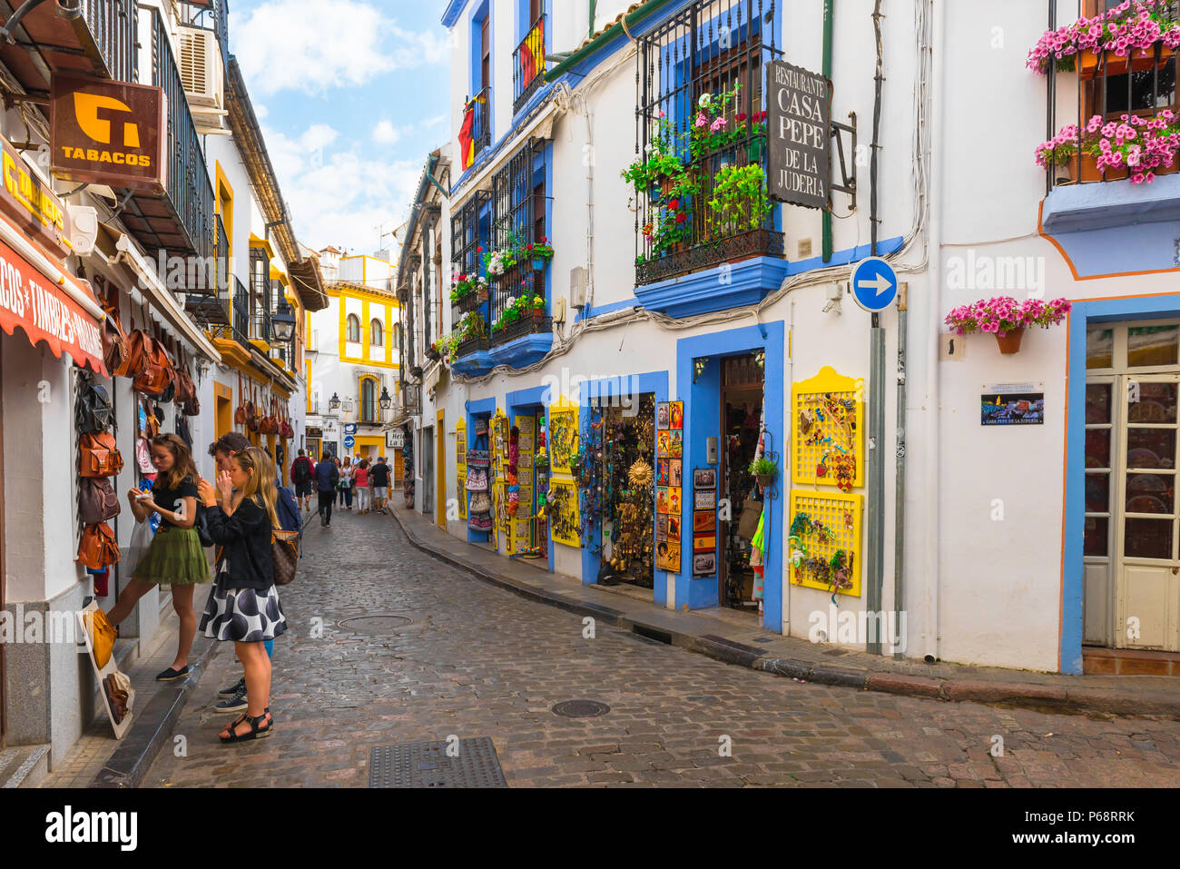 Cordoba Spain, a colorful street in the La Juderia quarter of Cordoba (Cordova) old town, Andalucia, Spain. Stock Photo