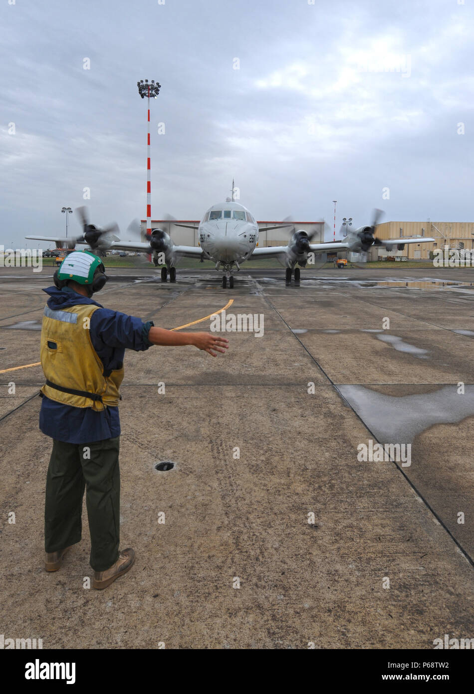 A U.S. Navy P-3 Orion maritime patrol aircraft from Patrol Squadron (VP) Four taxis at Naval Air Station Sigonella, Sicily in preparation to take off in support of the search for EgyptAir flight MS804 May 19, 2016. The U.S. Navy provided a P-3 Orion in support of the Hellenic Armed Forces, the Joint Rescue Coordination Center in Greece, in response to a request by the U.S. Embassy in Athens, Greece for assistance in the search of the missing Egyptian aircraft. (U.S. Navy photo by Mass Communication Specialist 2nd Class Devin Menhardt) Stock Photo