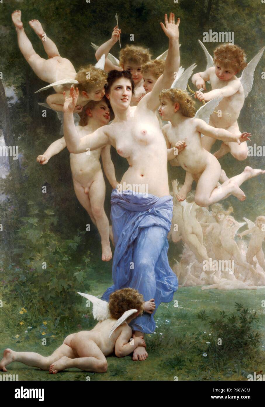 Invading Cupid's Realm by William-Adolphe Bouguereau. Bouguereau (1825 –1905) was a French academic painter and traditionalist. In his realistic genre paintings he used mythological themes, making modern interpretations of classical subjects, with an emphasis on the female human body Stock Photo