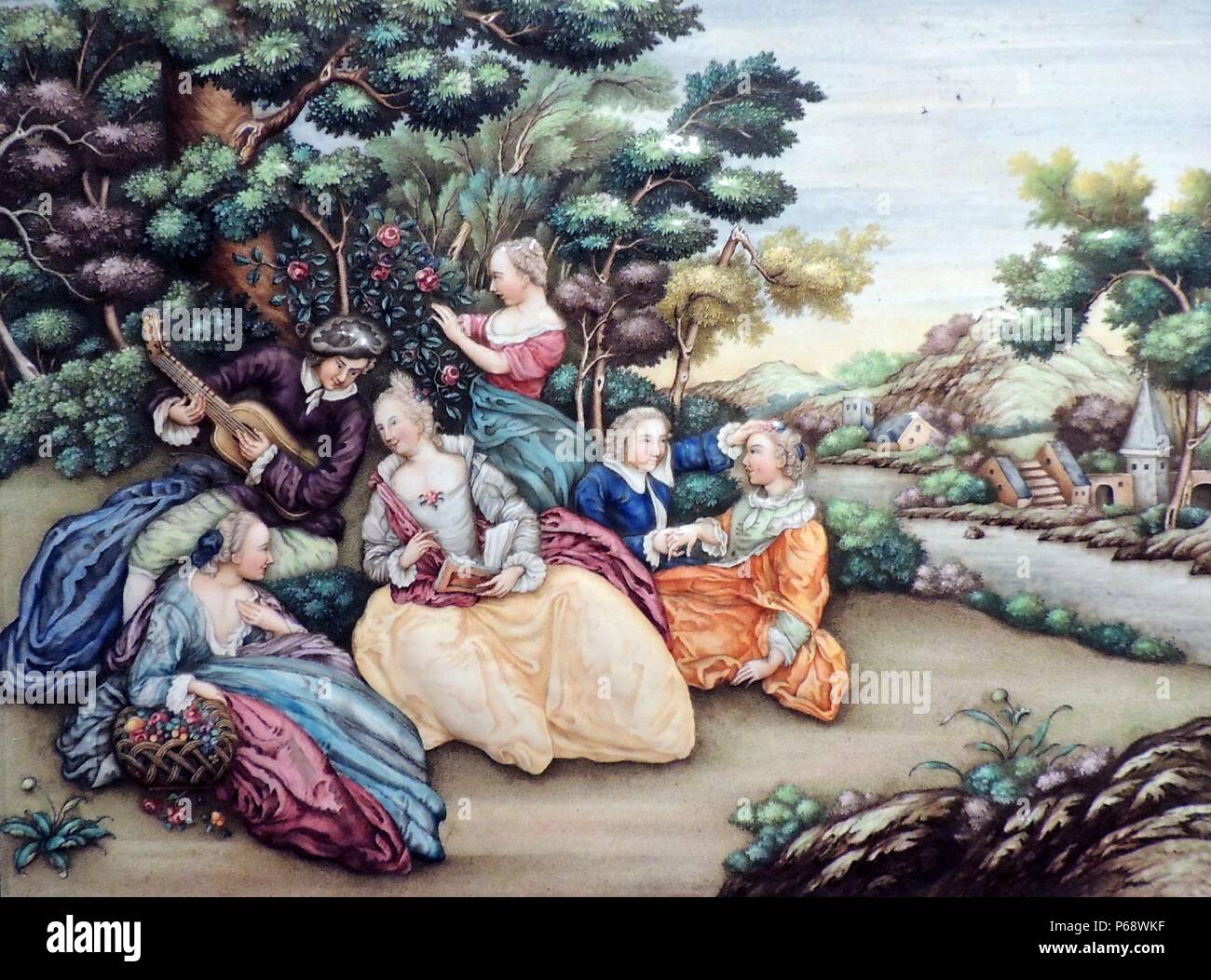 Plaque depicting scene with European people for a Dutch traders home in