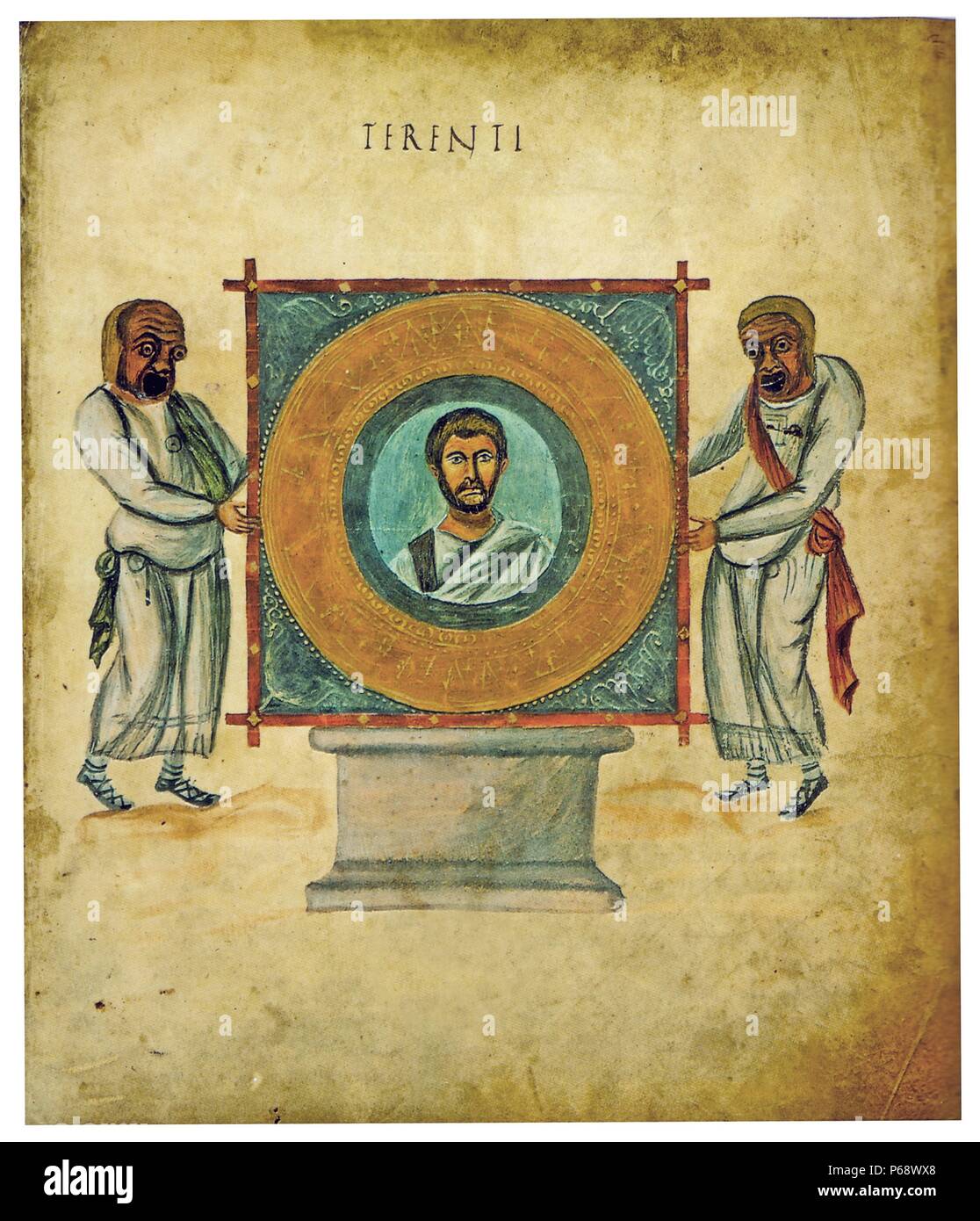 The Vatican Terence (Terentius Vaticanus), or Codex Vaticanus Latinus. 9th-century illuminated manuscript of the Latin comedies of Publius Terentius Afer, housed in the Vatican Library. According to art-historical analysis the manuscript was copied from a model of the 3rd century Stock Photo