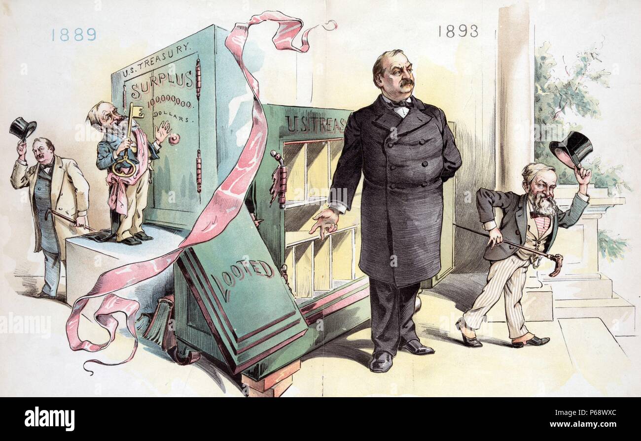 1893 Print shows, on the left, Grover Cleveland tipping his hat as he leaves office in 1889, after passing the key to a large safe labelled 'U.S. Treasury' with a 'Surplus $100,000,000 Dollars' to incoming president Benjamin Harrison; and on the right, President Cleveland, returning to the presidency in 1893, gestures toward the safe as Benjamin Harrison departs Stock Photo