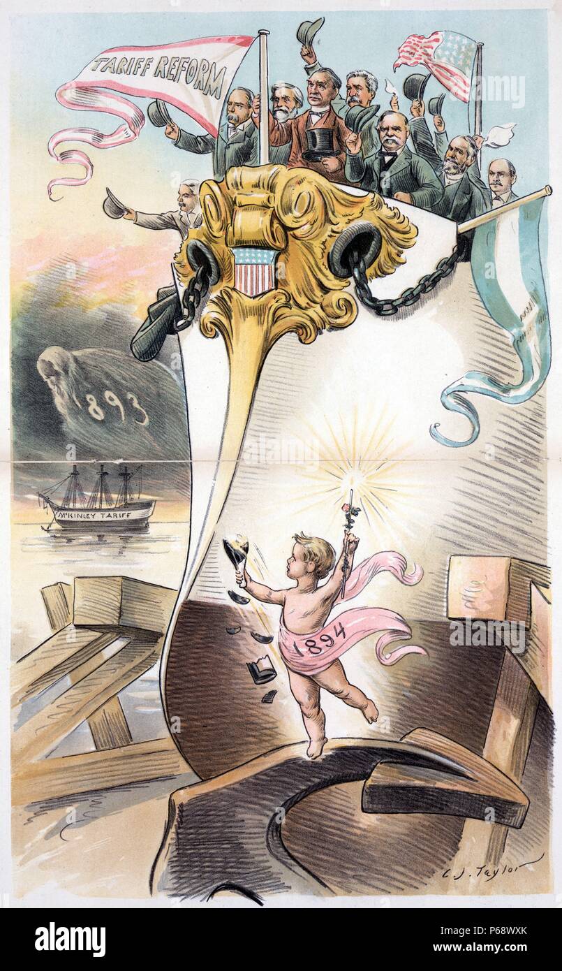 Launched at last! - good luck to her! by Charles Jay Taylor 1855-1929; Published 1893. Print shows a cherub labelled '1894' smashing a bottle of champagne as he launches a large, modern ship, the Ship of State, under the banner 'Tariff Reform' with Grover Cleveland and members of his cabinet standing on the bow waving their hats; in the background, the Spector of '1893' hovers over a sailing ship labelled 'McKinley Tariff'. Among those with Cleveland are Walter Q. Gresham, John G. Carlisle, Richard Olney, and either Daniel S. Lamont or Vice President Adlai E. Stevenson. Stock Photo