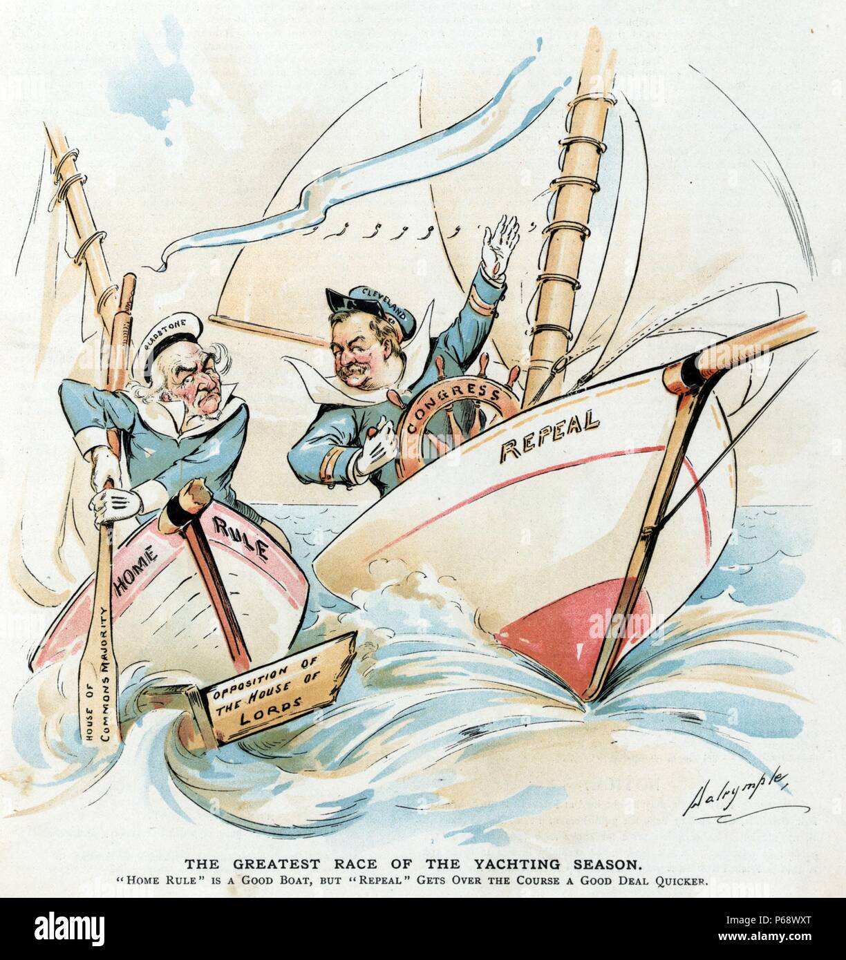 The greatest race of the yachting season by Louis Dalrymple, 1866-1905, artist, 1893. President Cleveland at the helm labelled 'Congress' of a yacht labelled 'Repeal' in a race against British Prime Minister William E. Gladstone who is holding an oar labelled 'House of Commons Majority' and piloting a boat labelled 'Home Rule', which has a broken spar and is bumping up against debris labelled 'Opposition of the House of Lords' floating in the water. Stock Photo