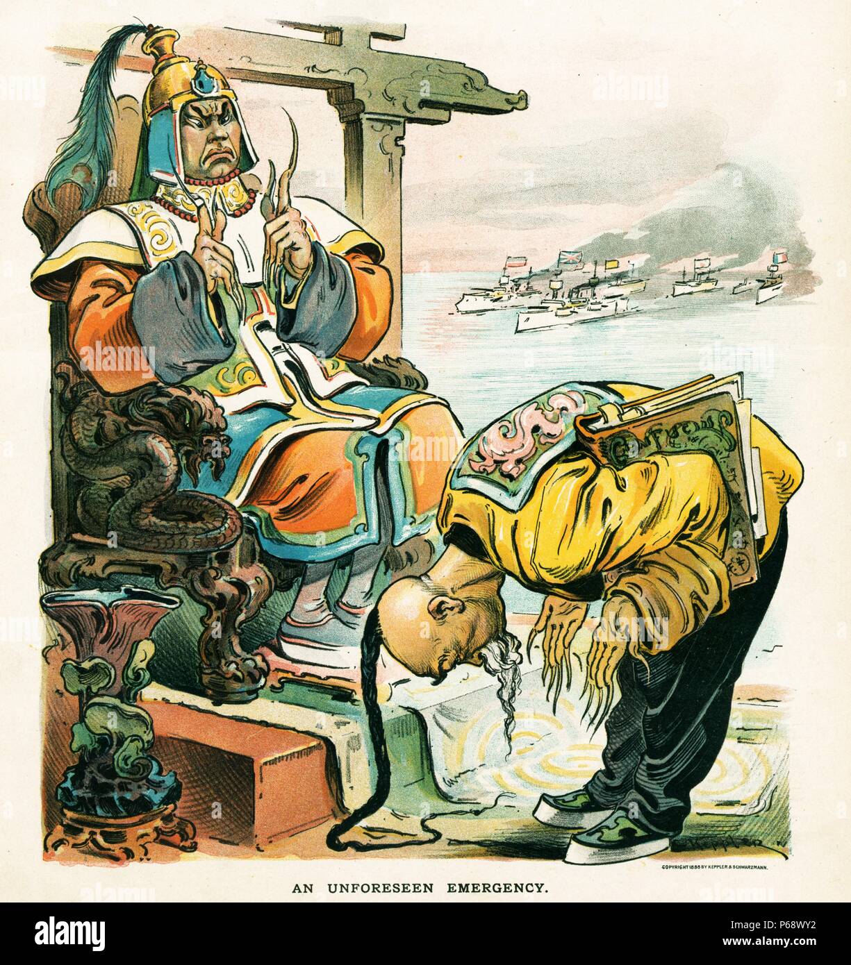 An unforeseen emergency by Udo Keppler, 1872-1956, artist, 1898. the Emperor of China sitting on a throne talking with a wise minister, seeking the advice of Confucius, as foreign ships, from England, Germany, Japan, France, and other countries, approach in the background. The Guangxu Emperor 1871 – 14 November 1908, was the eleventh emperor of the Qing Dynasty Stock Photo