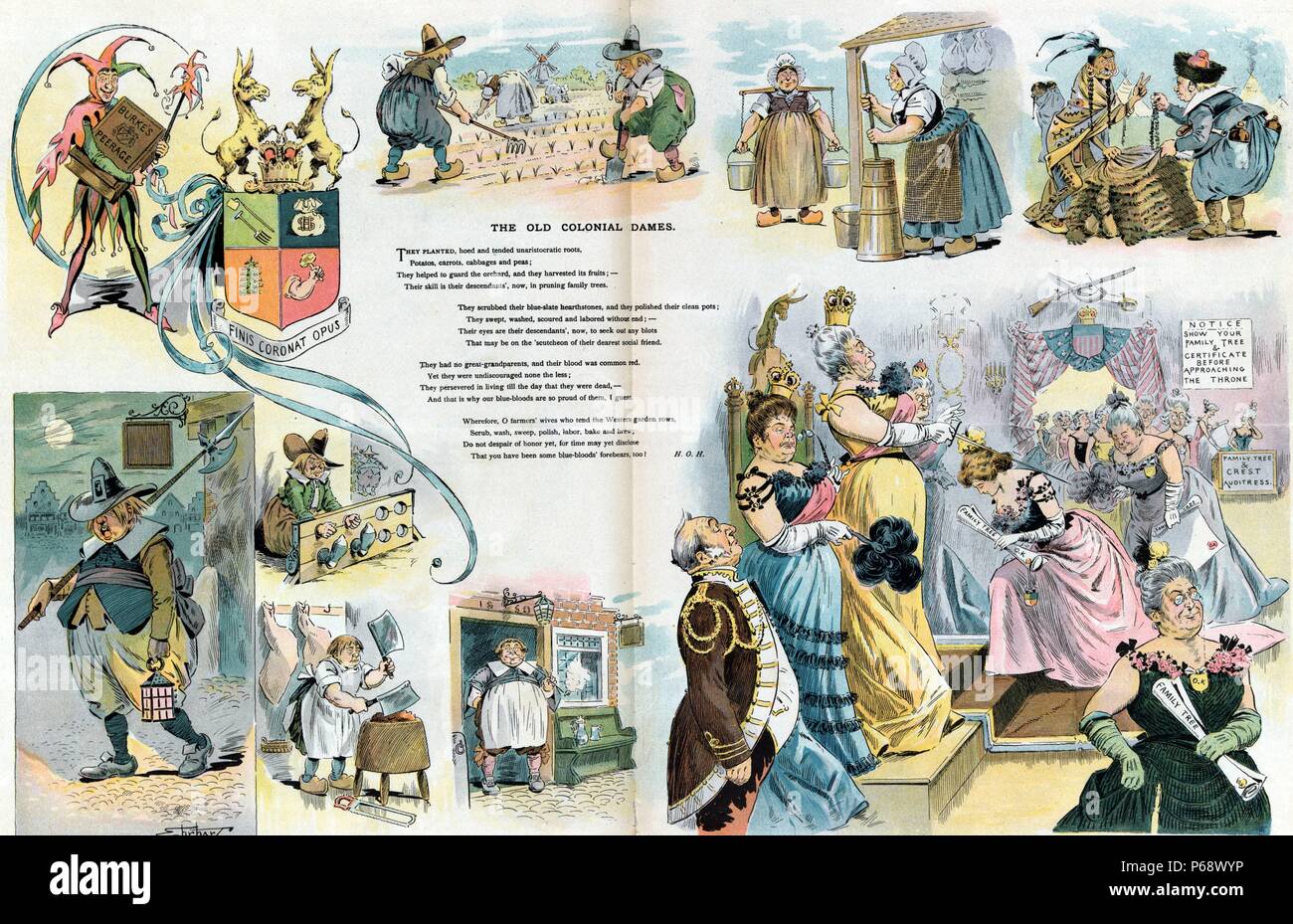 The old colonial dames by Samuel Ehrhart, approximately 1862-1937, artist; Published 1899. cartoon with scenes of American colonial men and women working at domestic and blue collar chores and jobs, leading to a scene with upper class women, each clutching an approved 'Family Tree'. Stock Photo
