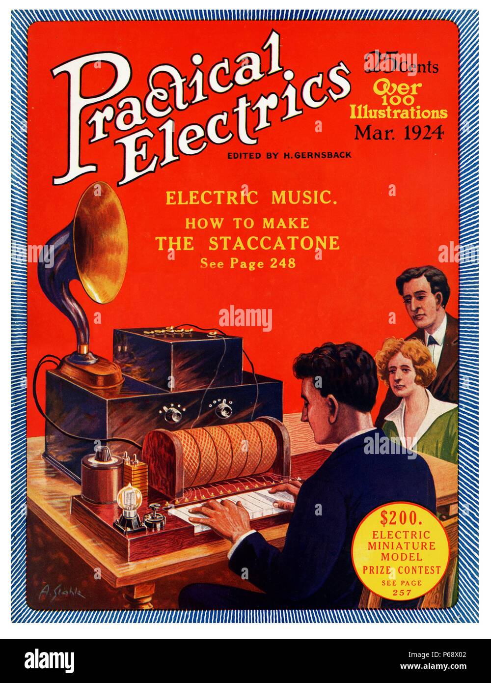 Front cover of Practical Electrics for the March 1924 edition. Edited by Hugo Gernsback (1884-1967). Dated 1924 Stock Photo