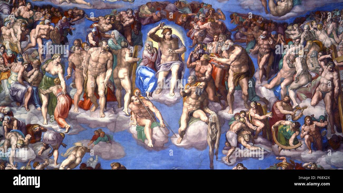 Detail from a large fresco titled 'The Last Judgement' painted by Michelangelo (1475-1564) Italian sculptor, painter, architect, poet, and engineer of the High Renaissance. Dated 16th Century Stock Photo