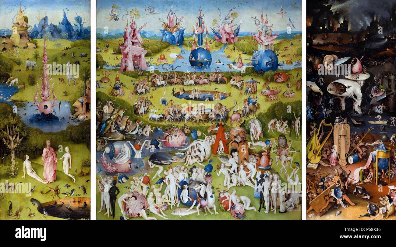Painting titled 'The Garden of Earthly Delights' the modern title given to a triptych painted by the Early Netherlandish master Hieronymus Bosch (1450-1516) Dated 15th Century Stock Photo