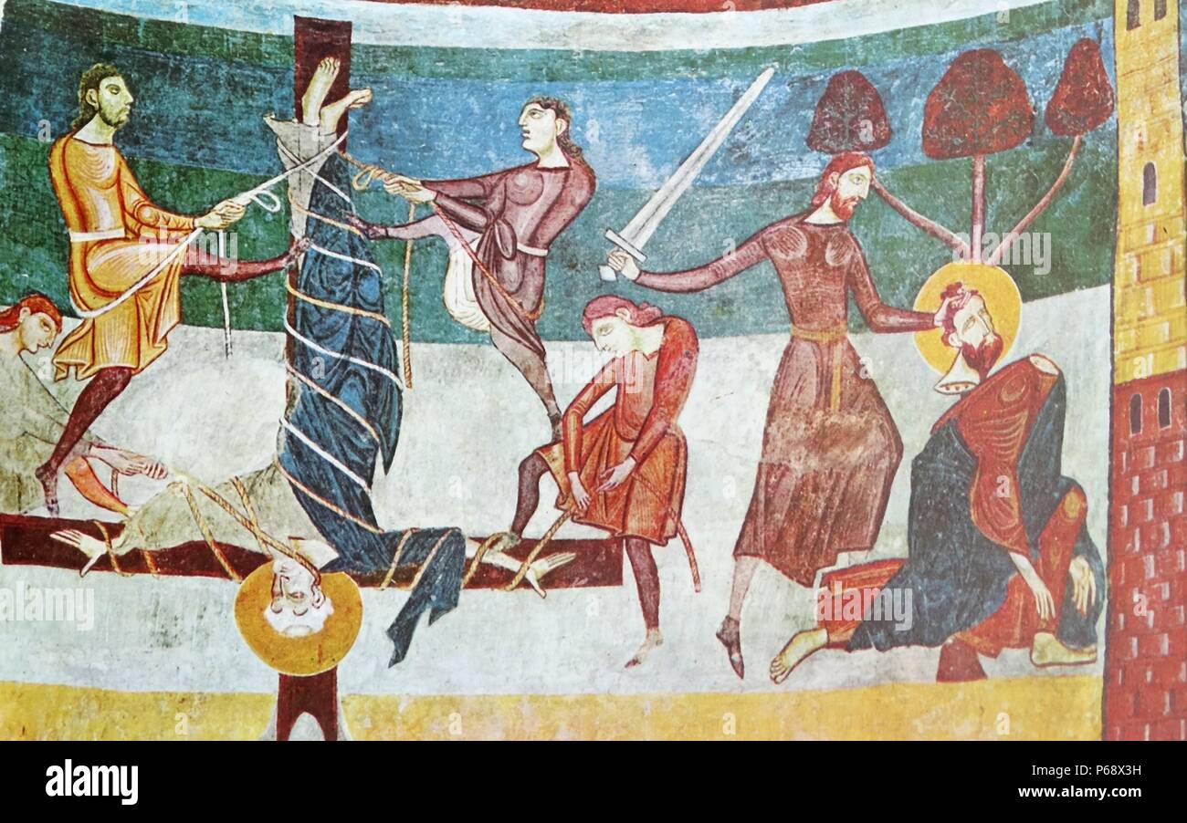 Fresco titled 'The Myrtardom of St. Peter and St. Paul' depicts the crucifixion of St. Peter and beheading of St. Paul. Dated 12th Century Stock Photo
