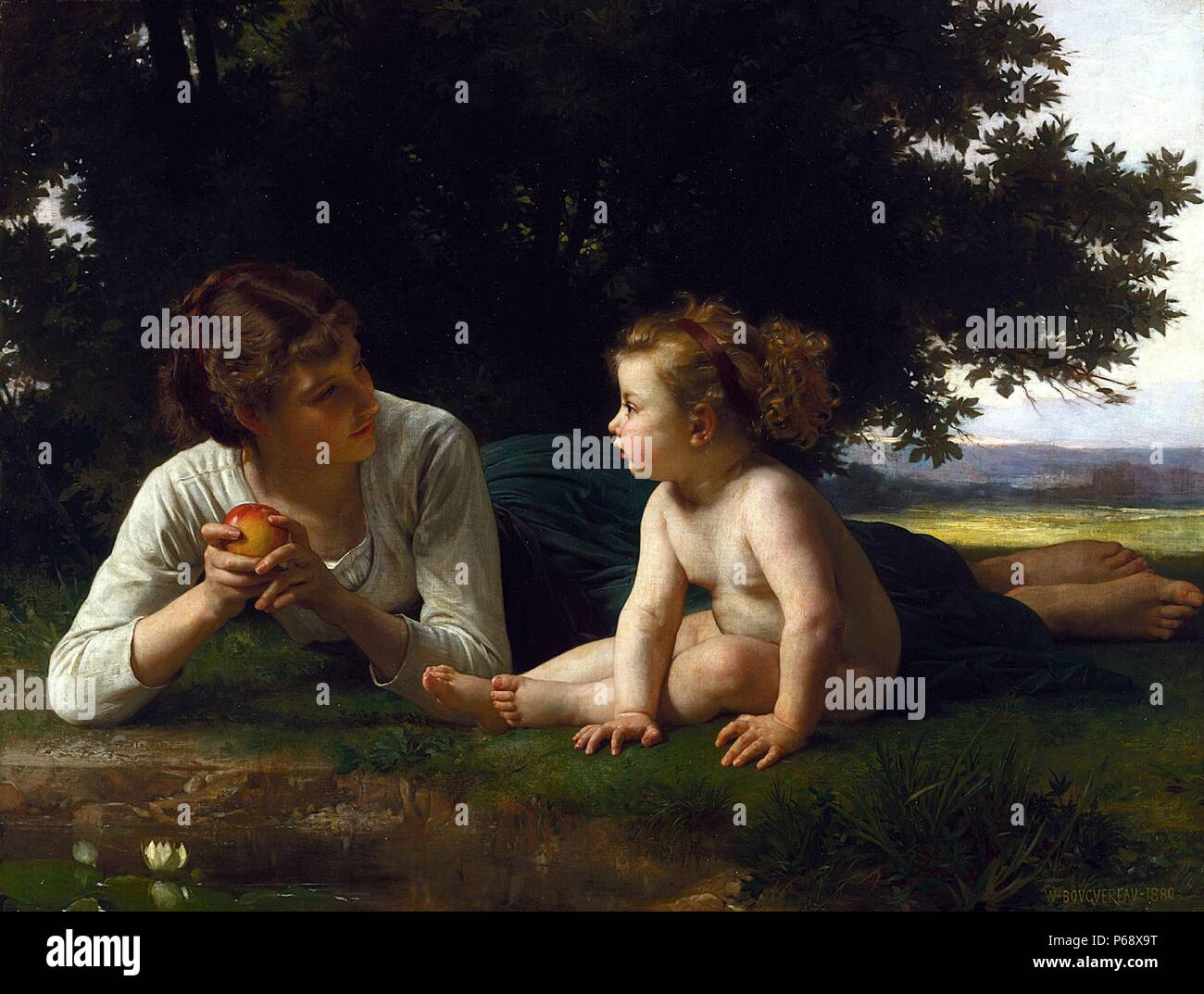 Painting titled 'Temptation' painted by William Adolphe Bouguereau (1825-1905) French academic painter and traditionalist. Dated 1880. Stock Photo