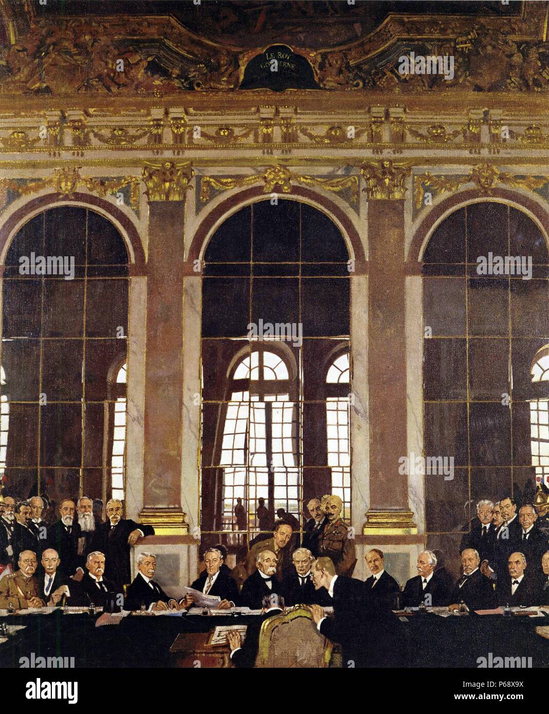 The Signing of Peace in the Hall of Mirrors, Versailles. Painted by William Orpen (1878-1931), an Irish portrait painter who worked mainly in London. Dated 1919. Stock Photo