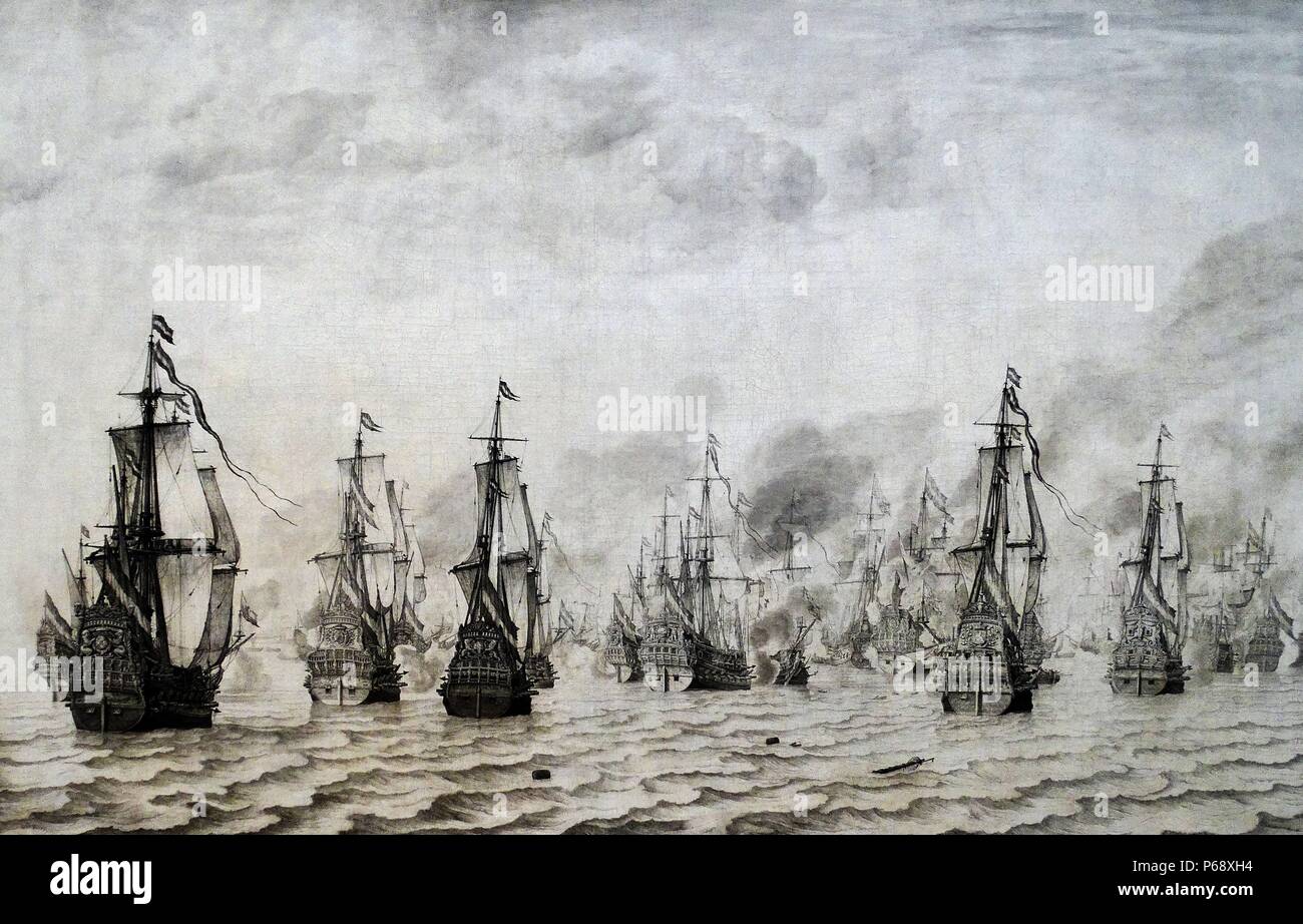 Painting depicting the Battle of Dunkirk. Painted by Willem van de Velde I (1611-1693). Dated 17th Century Stock Photo