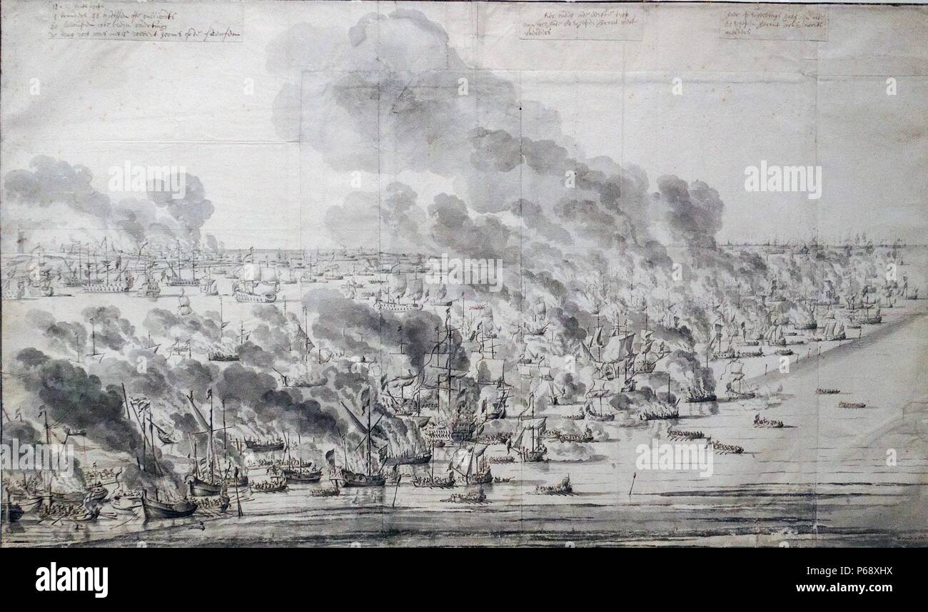 Engraving of Robert Holmes setting the Dutch Fleet on fire at Terschelling. By Willem van de Velde I (1611-1693). Dated 17th Century Stock Photo