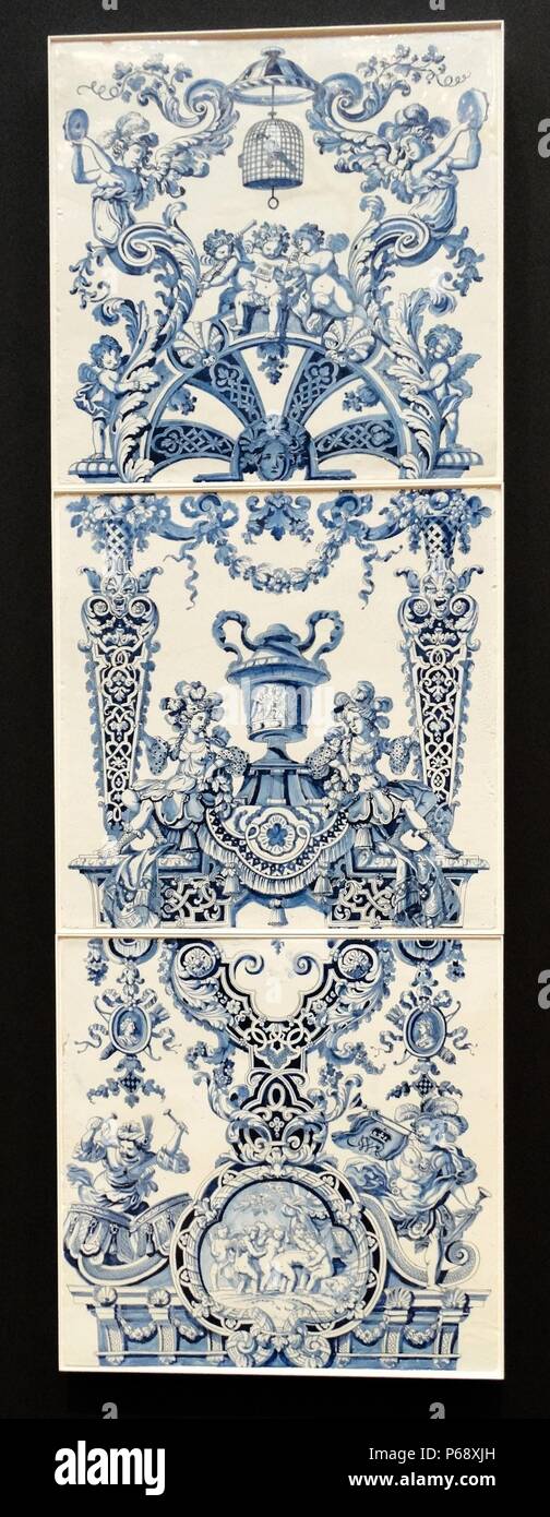 Three Plaques from a Column De Grieksche A. Designed by Daniel Marot (1661-1752) French Protestant, an architect, furniture designer and engraver at the forefront of the classicizing Late Baroque 'Louis XIV' style. Dated 17th Century Stock Photo