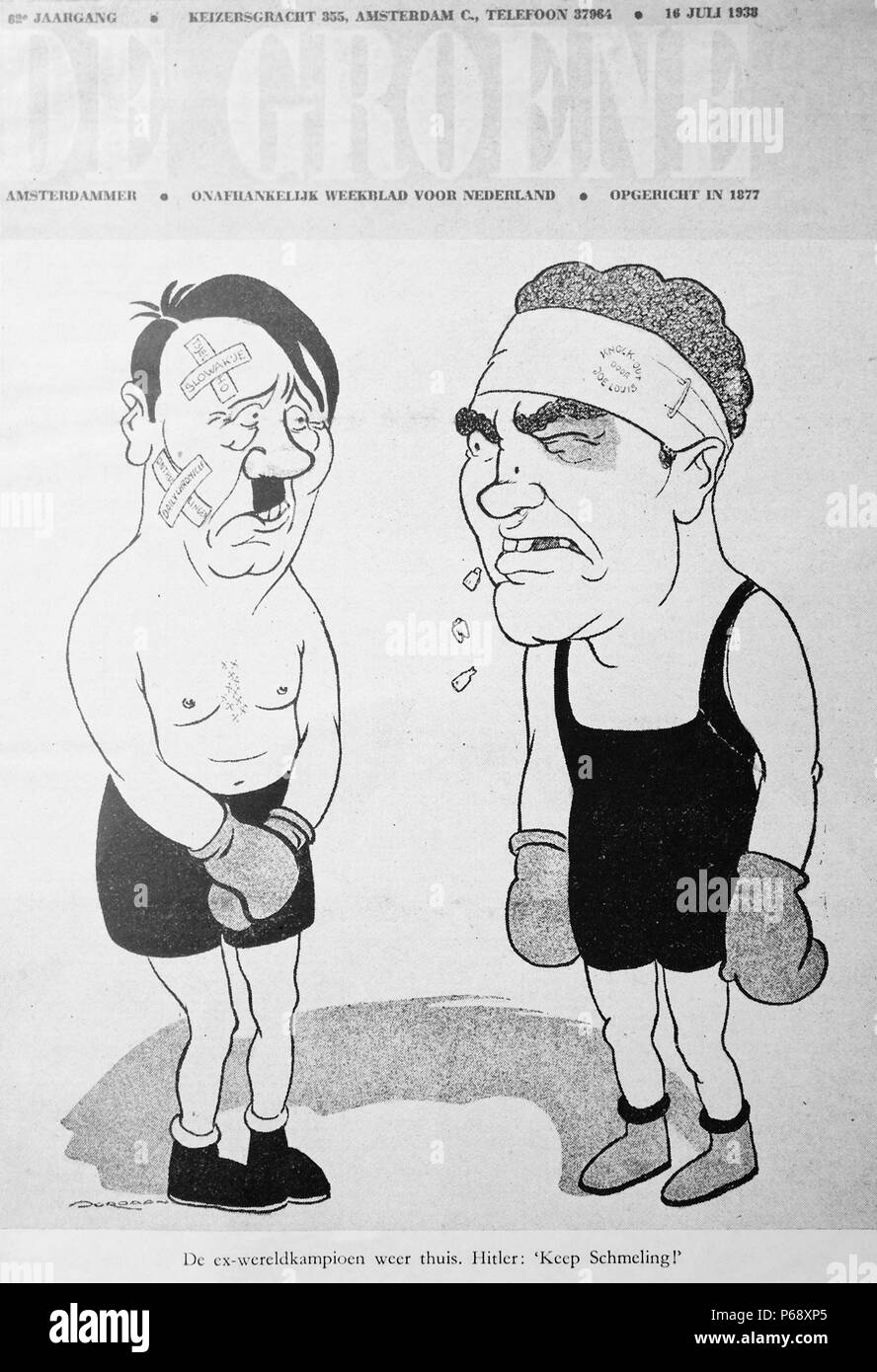 Cartoon of Adolf Hitler in a boxing match with Joe Louis Stock Photo