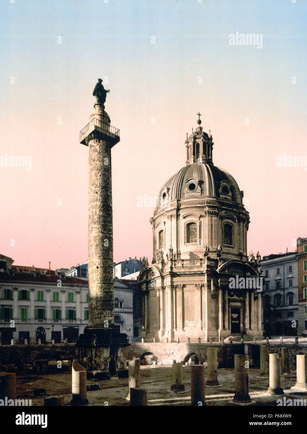 Colour photograph of Trajan's Column, a Roman triumphal column in Rome, commemorating the Roman emperor Trajan's victory in the Dacian Wars. Dated 1900 Stock Photo