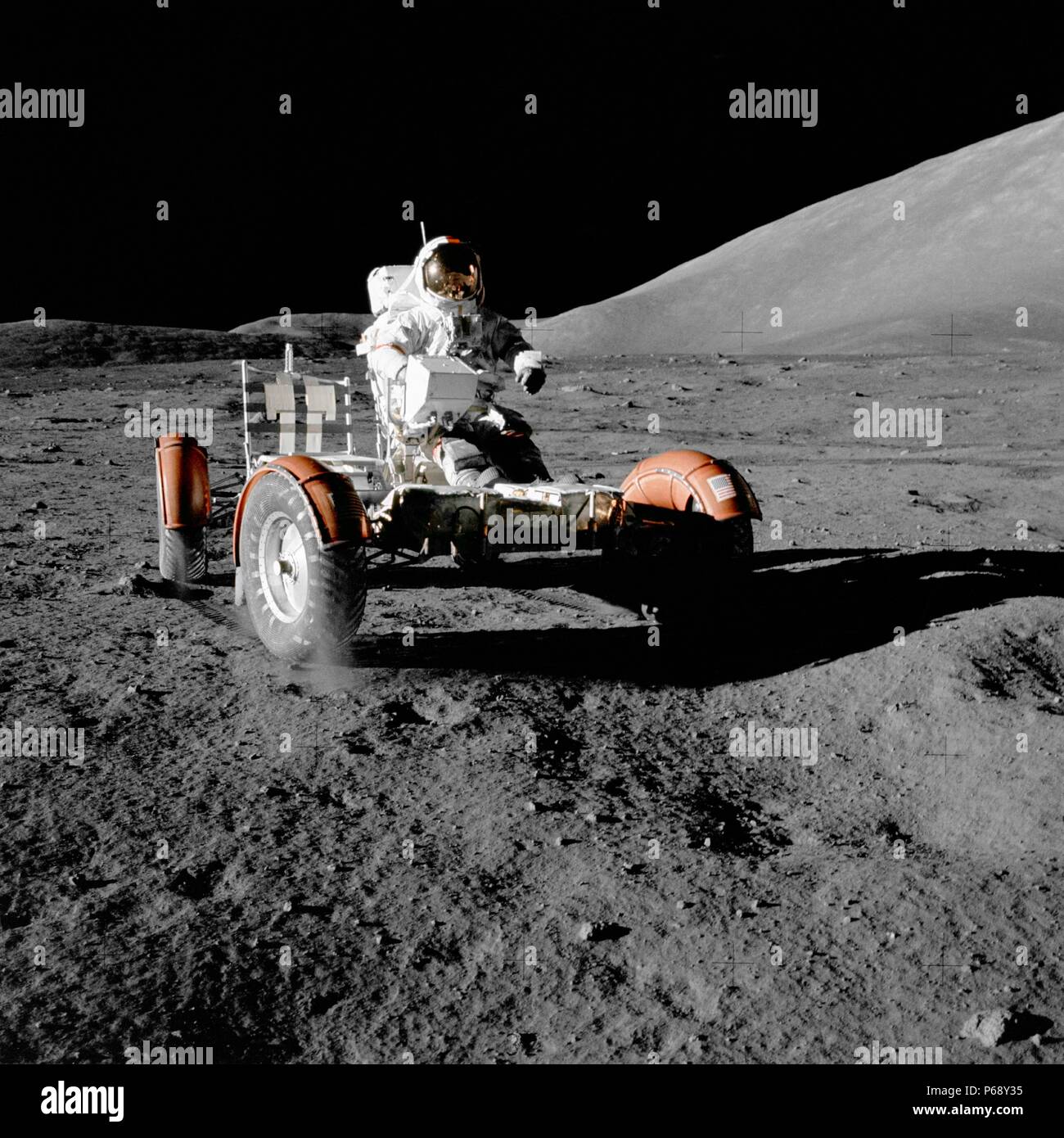 Photograph of Astronaut Eugene A. Crenan, Mission commander, on the Lunar Roving Vehicle, Apollo 17 mission to the moon. Dated 1972 Stock Photo