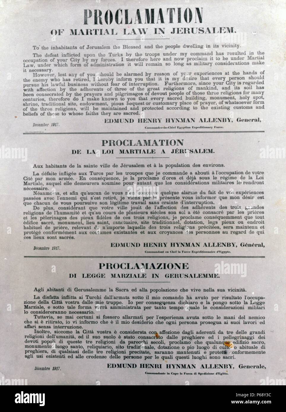 Copy of Allenby's Proclamation of Martial Law in Jerusalem. Dated 1917 Stock Photo